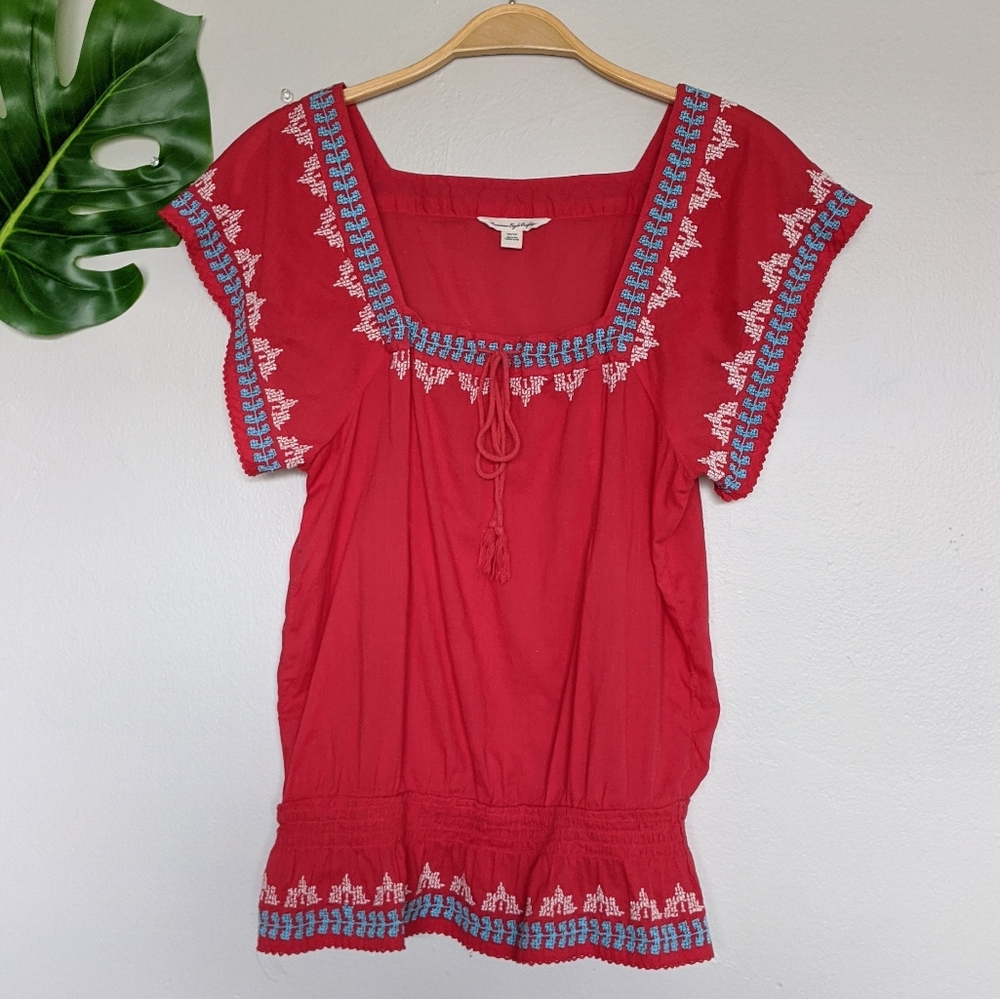 American eagle red embroidered top